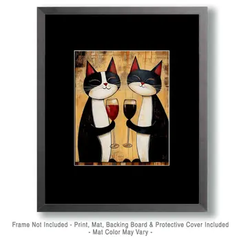 Folksy Cats with Wine Glasses - Wine Wall Art Prints – 8″x10″ Artwork for 11″x14″ Frame