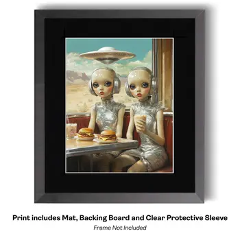 Alien Space Cowgirls Getting a Bite to Eat - Alien Cowgirl Wall Art Prints – 8″x10″ Artwork for 11″x14″ Frame