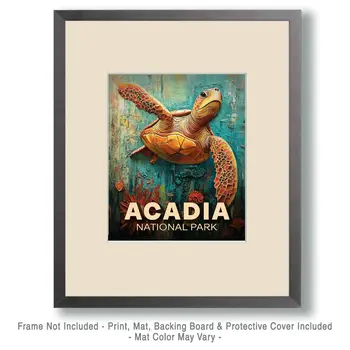 Folk Art Sea Turtle - Acadia National Park Souvenir Art Prints - 8"x10" Artwork for 11"x14" Frame