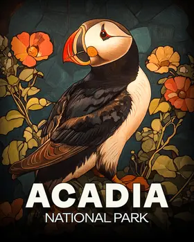 Vintage Puffin Still-Life - Acadia National Park Souvenir Art Prints - 8"x10" Artwork for 11"x14" Frame