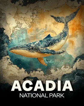 Vintage Whale - Acadia National Park Souvenir Art Prints - 8"x10" Artwork for 11"x14" Frame