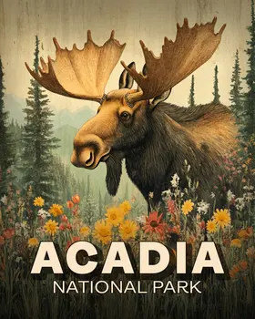 Folk Art Maine Moose - Acadia National Park Souvenir Art Prints - 8"x10" Artwork for 11"x14" Frame