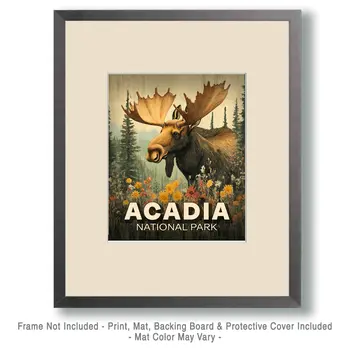 Folk Art Maine Moose - Acadia National Park Souvenir Art Prints - 8"x10" Artwork for 11"x14" Frame