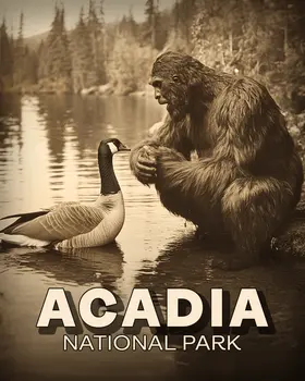 Bigfoot Talking to a Canadian Goose - Acadia National Park Souvenir Art Prints - 8"x10" Artwork for 11"x14" Frame