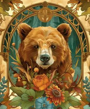Art Nouveau Bear with Flowers Art Print - Animal Kingdom Wall Art Prints in Art Nouveau Style – 8″x10″ Artwork for 11″x14″ Frame