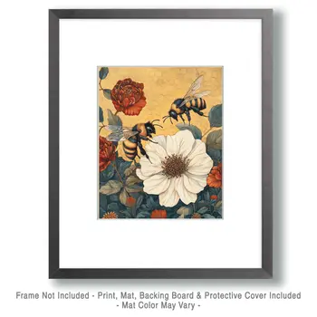 Bees #3 - Honey & Bee Wall Art Prints – 8″x10″ Artwork for 11″x14″ Frame