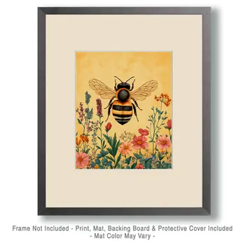 Single Bee - Honey & Bee Wall Art Prints – 8″x10″ Artwork for 11″x14″ Frame