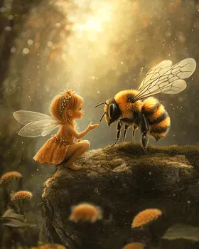 Small Fairy Talking to a Bee - Honey & Bee Wall Art Prints – 8″x10″ Artwork for 11″x14″ Frame