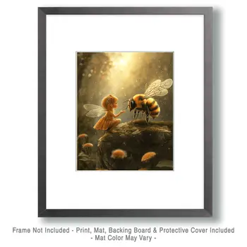 Small Fairy Talking to a Bee - Honey & Bee Wall Art Prints – 8″x10″ Artwork for 11″x14″ Frame