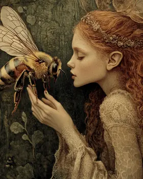 Fairy Talking to a Bee - Honey & Bee Wall Art Prints – 8″x10″ Artwork for 11″x14″ Frame