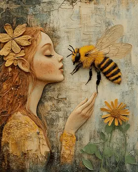 Folk Art Fairy Talking to a Bee - Honey & Bee Wall Art Prints – 8″x10″ Artwork for 11″x14″ Frame