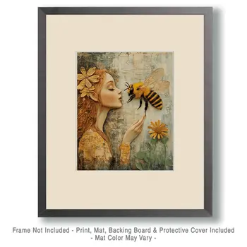Folk Art Fairy Talking to a Bee - Honey & Bee Wall Art Prints – 8″x10″ Artwork for 11″x14″ Frame