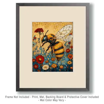 Folksy Honeybee - Honey & Bee Wall Art Prints – 8″x10″ Artwork for 11″x14″ Frame