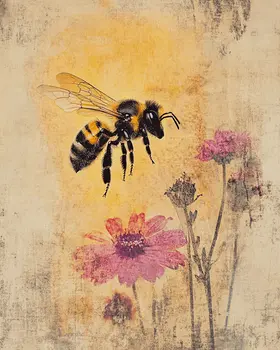 Bee & Pink Asters - Honey & Bee Wall Art Prints – 8″x10″ Artwork for 11″x14″ Frame