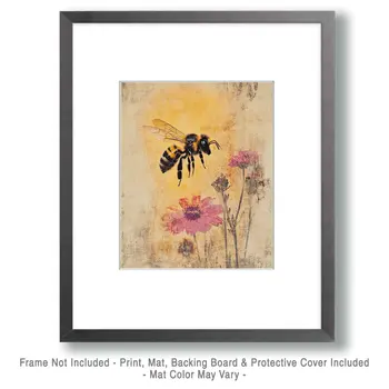 Bee & Pink Asters - Honey & Bee Wall Art Prints – 8″x10″ Artwork for 11″x14″ Frame