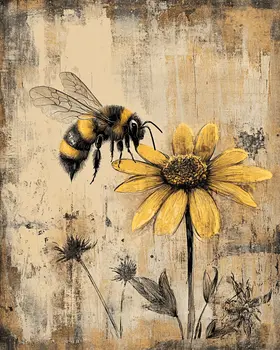 Vintage Bee Sunflower - Honey & Bee Wall Art Prints – 8″x10″ Artwork for 11″x14″ Frame