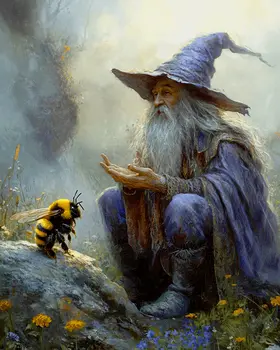 Wizard Telling a Story to a Bee - Honey & Bee Wall Art Prints – 8″x10″ Artwork for 11″x14″ Frame