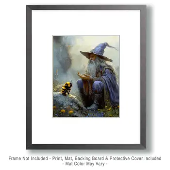 Wizard Telling a Story to a Bee - Honey & Bee Wall Art Prints – 8″x10″ Artwork for 11″x14″ Frame