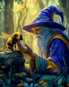 Wizard Having a Discussion with a Bee - Honey & Bee Wall Art Prints – 8″x10″ Artwork for 11″x14″ Frame