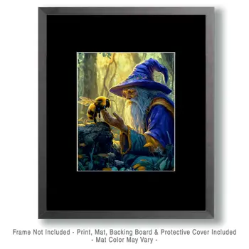 Wizard Having a Discussion with a Bee - Honey & Bee Wall Art Prints – 8″x10″ Artwork for 11″x14″ Frame