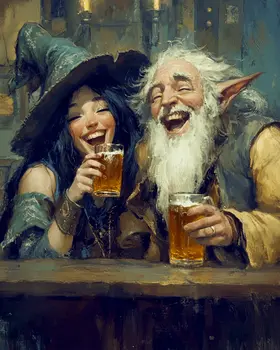 Witch & Elf Drinking Honey Mead - Honey & Bee Wall Art Prints – 8″x10″ Artwork for 11″x14″ Frame