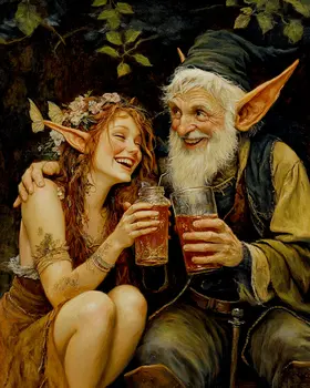 Two Elves Drinking Honey Mead - Honey & Bee Wall Art Prints – 8″x10″ Artwork for 11″x14″ Frame
