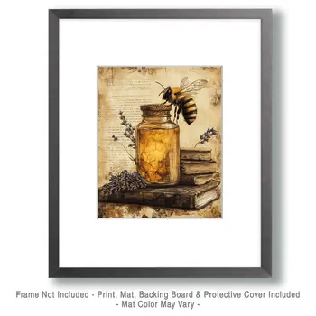 Honey & Bee Still-Life - Honey & Bee Wall Art Prints – 8″x10″ Artwork for 11″x14″ Frame
