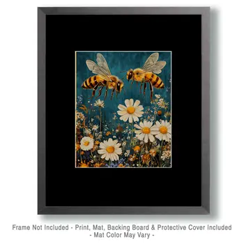 Folksy Honeybee - Honey & Bee Wall Art Prints – 8″x10″ Artwork for 11″x14″ Frame
