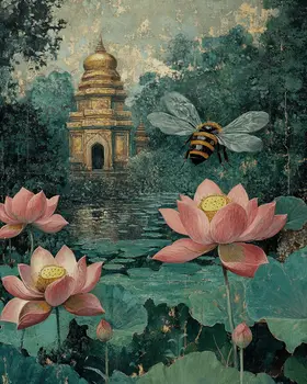 Thai Lotus & Bee - Honey & Bee Wall Art Prints – 8″x10″ Artwork for 11″x14″ Frame