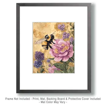 Bee on Pink Peonie - Honey & Bee Wall Art Prints – 8″x10″ Artwork for 11″x14″ Frame