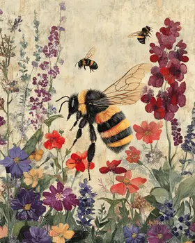 Bee in Wildflowers - Honey & Bee Wall Art Prints – 8″x10″ Artwork for 11″x14″ Frame