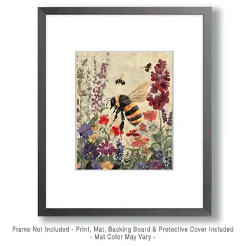 Bee in Wildflowers - Honey & Bee Wall Art Prints – 8″x10″ Artwork for 11″x14″ Frame