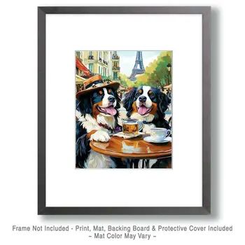 Bernese Mountain Dog at a Paris Cafe - Pet Dog Still Life Wall Art Prints – 8″x10″ Artwork for 11″x14″ Frame