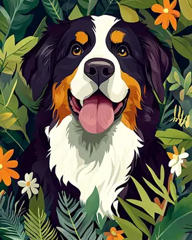 Bernese Mountain Dog In Garden - Pet Dog Still Life Wall Art Prints – 8″x10″ Artwork for 11″x14″ Frame