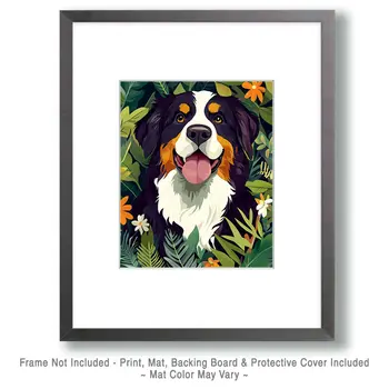 Bernese Mountain Dog In Garden - Pet Dog Still Life Wall Art Prints – 8″x10″ Artwork for 11″x14″ Frame