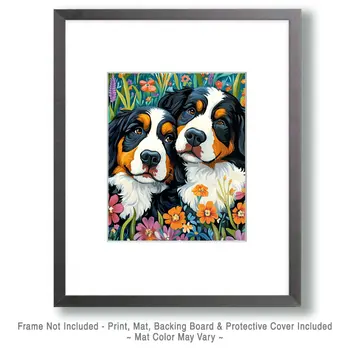 Bernese Mountain Dog Besties - Pet Dog Still Life Wall Art Prints – 8″x10″ Artwork for 11″x14″ Frame