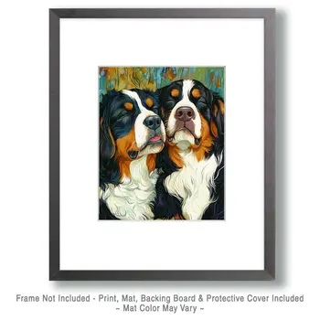 Bernese Mountain Dog Friends - Pet Dog Still Life Wall Art Prints – 8″x10″ Artwork for 11″x14″ Frame