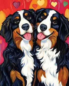 Bernese Mountain Dogs in Love - Pet Dog Still Life Wall Art Prints – 8″x10″ Artwork for 11″x14″ Frame