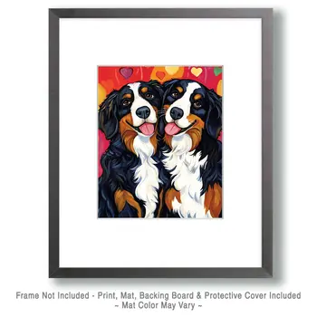 Bernese Mountain Dogs in Love - Pet Dog Still Life Wall Art Prints – 8″x10″ Artwork for 11″x14″ Frame
