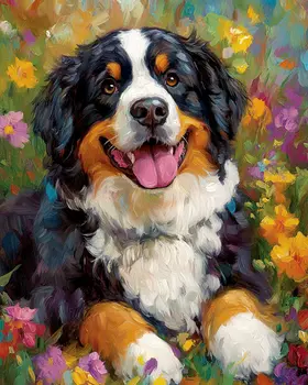 Floral Bernese Mountain Dog - Pet Dog Still Life Wall Art Prints – 8″x10″ Artwork for 11″x14″ Frame