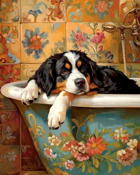 Bernese Mountain Dog in Bathtub - Pet Dog Still Life Wall Art Prints – 8″x10″ Artwork for 11″x14″ Frame