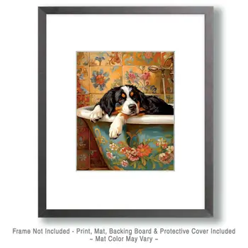 Bernese Mountain Dog in Bathtub - Pet Dog Still Life Wall Art Prints – 8″x10″ Artwork for 11″x14″ Frame