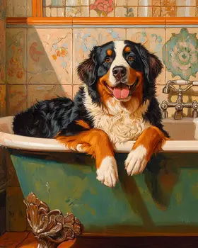 Bernese Mountain Dog Relaxing in Bathtub - Pet Dog Still Life Wall Art Prints – 8″x10″ Artwork for 11″x14″ Frame