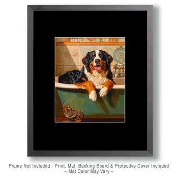 Bernese Mountain Dog Relaxing in Bathtub - Pet Dog Still Life Wall Art Prints – 8″x10″ Artwork for 11″x14″ Frame