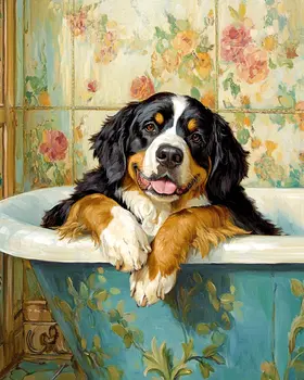 Bernese Mountain Dog Taking a Bath - Pet Dog Still Life Wall Art Prints – 8″x10″ Artwork for 11″x14″ Frame