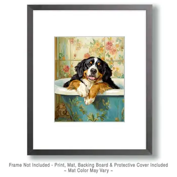 Bernese Mountain Dog Taking a Bath - Pet Dog Still Life Wall Art Prints – 8″x10″ Artwork for 11″x14″ Frame