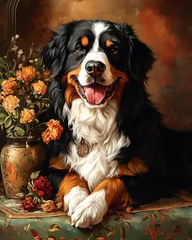 Bernese Mountain Dog by Vase - Pet Dog Still Life Wall Art Prints – 8″x10″ Artwork for 11″x14″ Frame