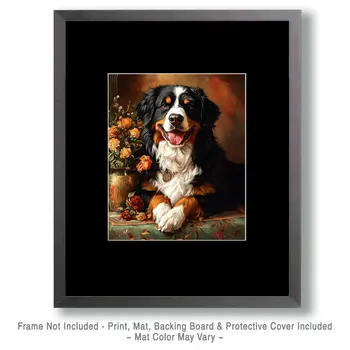 Bernese Mountain Dog by Vase - Pet Dog Still Life Wall Art Prints – 8″x10″ Artwork for 11″x14″ Frame