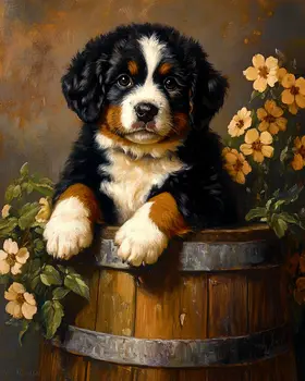 Bernese Mountain Dog Puppy in a Barrel - Pet Dog Still Life Wall Art Prints – 8″x10″ Artwork for 11″x14″ Frame