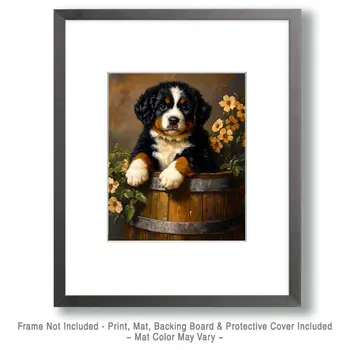 Bernese Mountain Dog Puppy in a Barrel - Pet Dog Still Life Wall Art Prints – 8″x10″ Artwork for 11″x14″ Frame